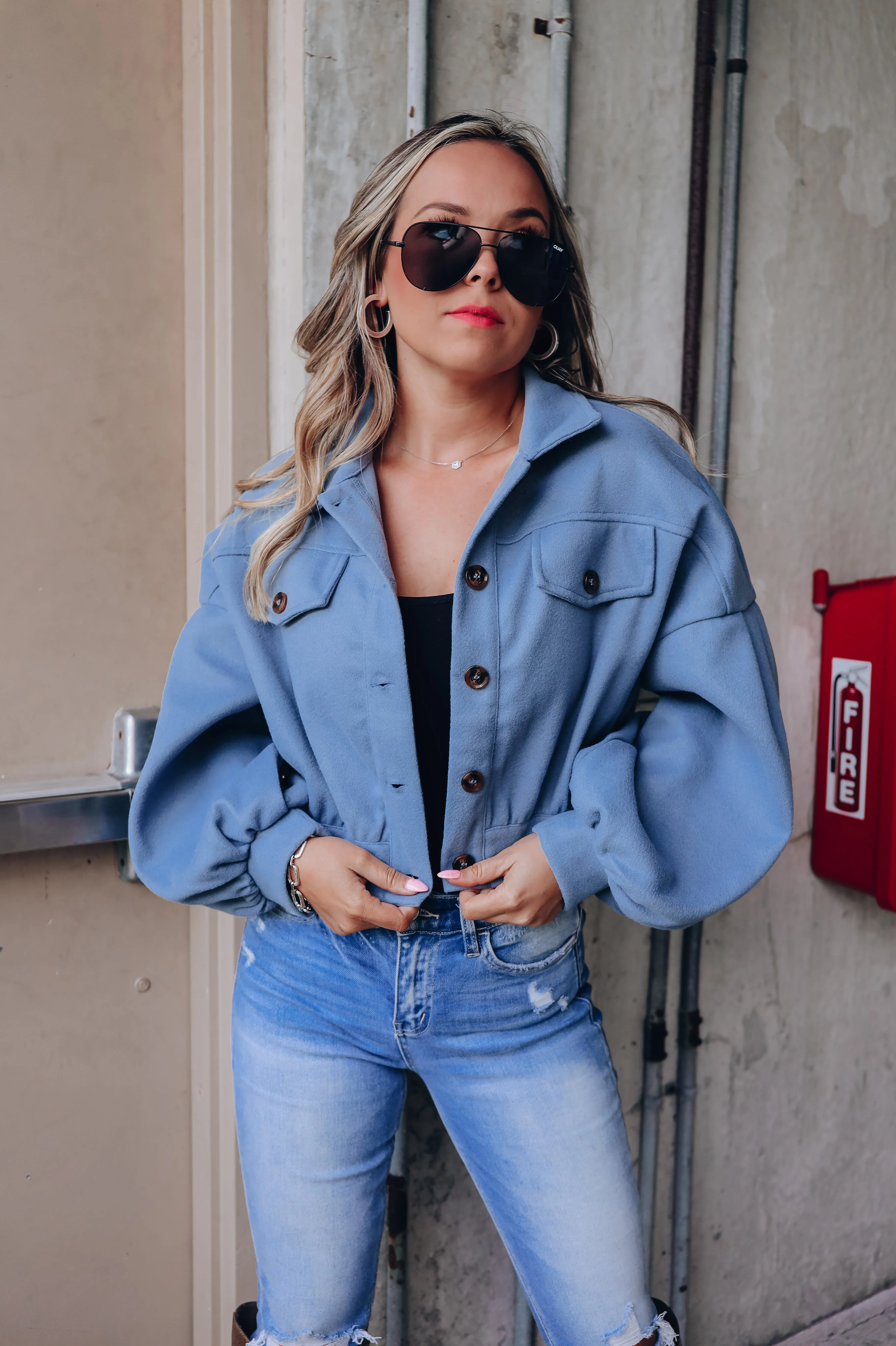 At Ease Cropped Utility Jacket - Blue