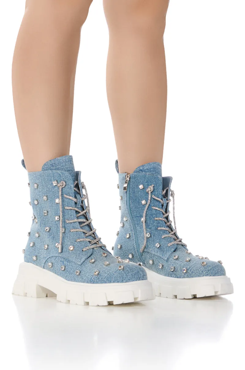 AZALEA WANG GET WHAT SHE LIKE EMBELLISHED BOOTIE IN DENIM