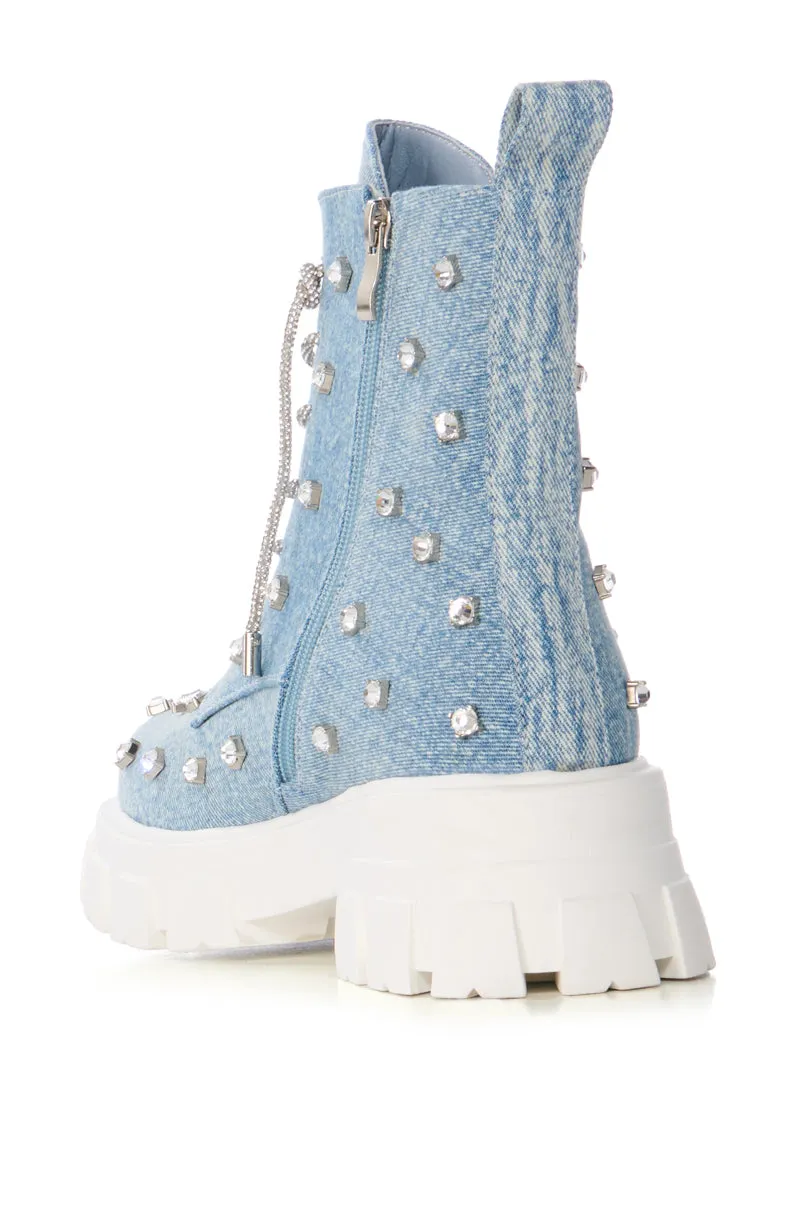 AZALEA WANG GET WHAT SHE LIKE EMBELLISHED BOOTIE IN DENIM