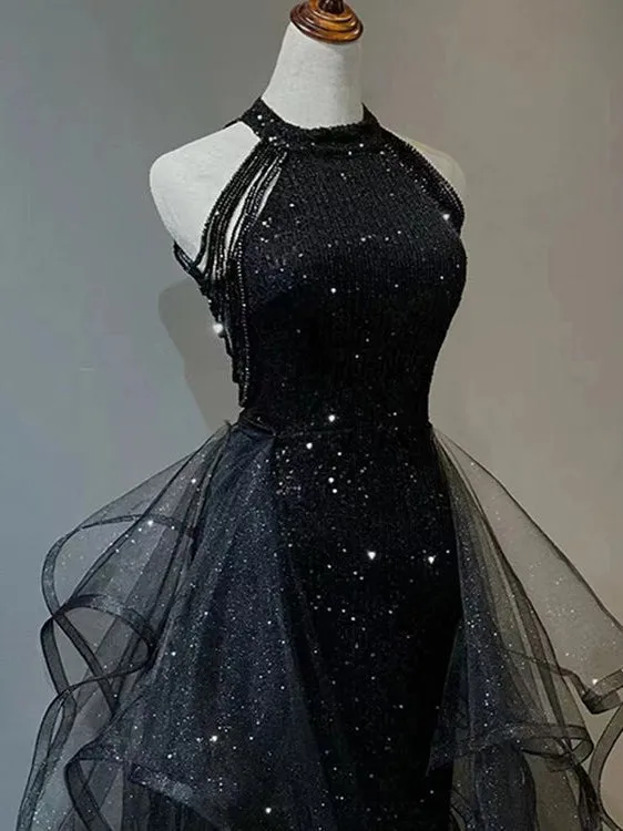 Black Long Mermaid Halter Sequined Tulle Formal Prom Dresses