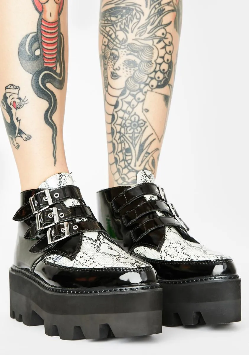 Black Snakeskin Buckle Dino Lug Platform Creepers