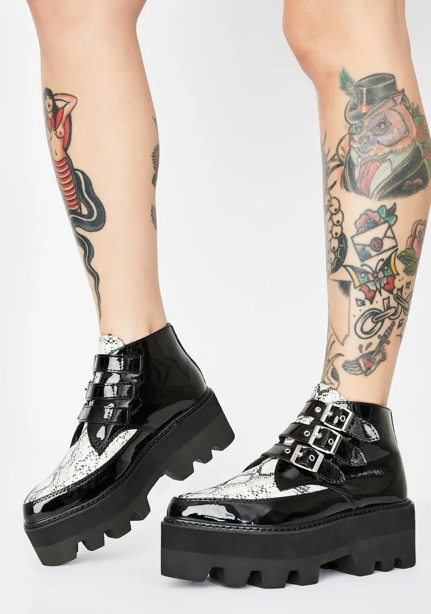 Black Snakeskin Buckle Dino Lug Platform Creepers