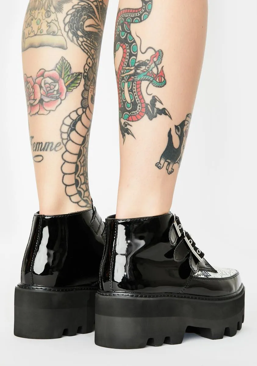 Black Snakeskin Buckle Dino Lug Platform Creepers