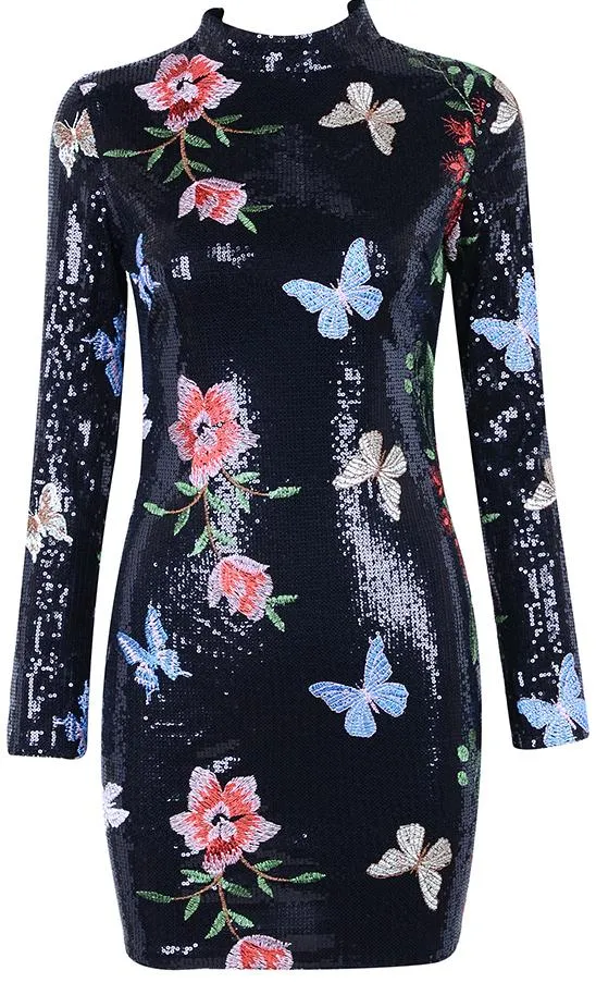 Butterfly & Floral-Embroidered Sequined Mini Dress - Black or Pink