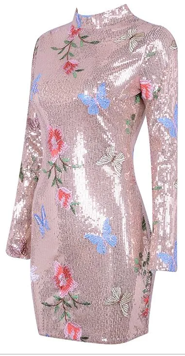 Butterfly & Floral-Embroidered Sequined Mini Dress - Black or Pink