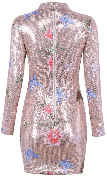 Butterfly & Floral-Embroidered Sequined Mini Dress - Black or Pink