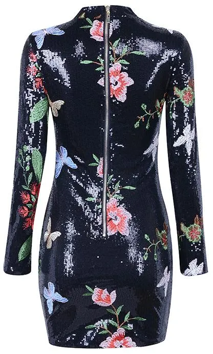 Butterfly & Floral-Embroidered Sequined Mini Dress - Black or Pink