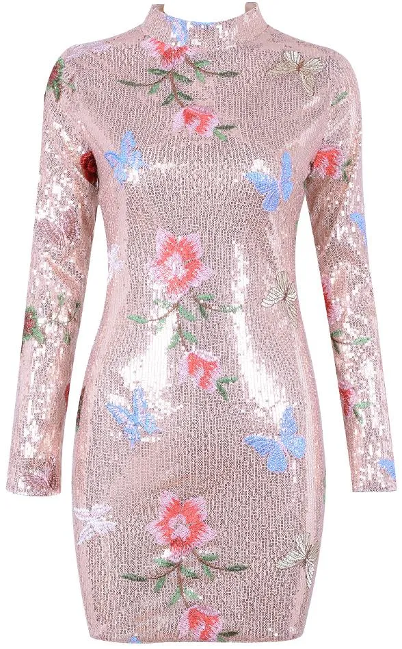 Butterfly & Floral-Embroidered Sequined Mini Dress - Black or Pink