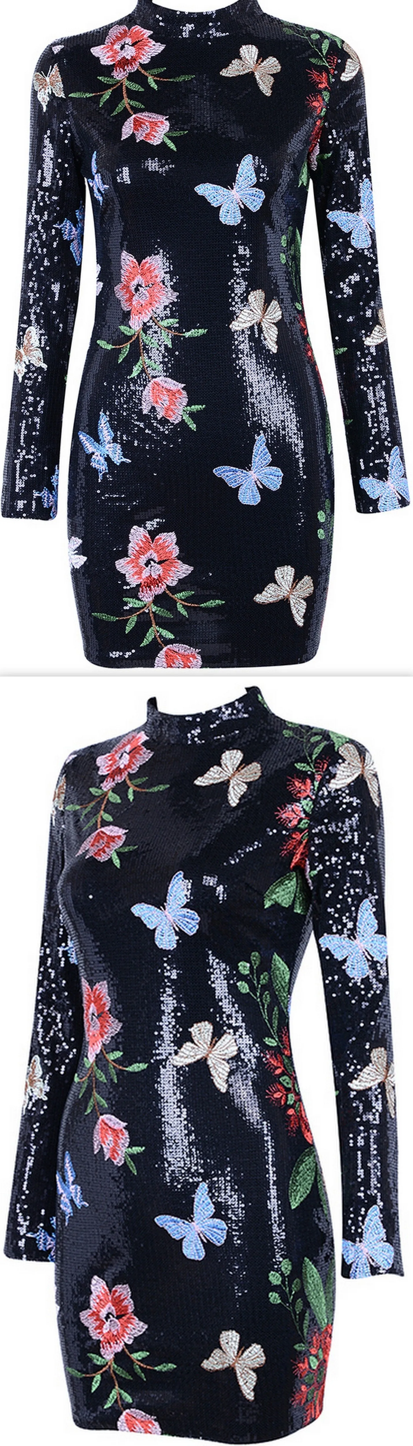 Butterfly & Floral-Embroidered Sequined Mini Dress - Black or Pink