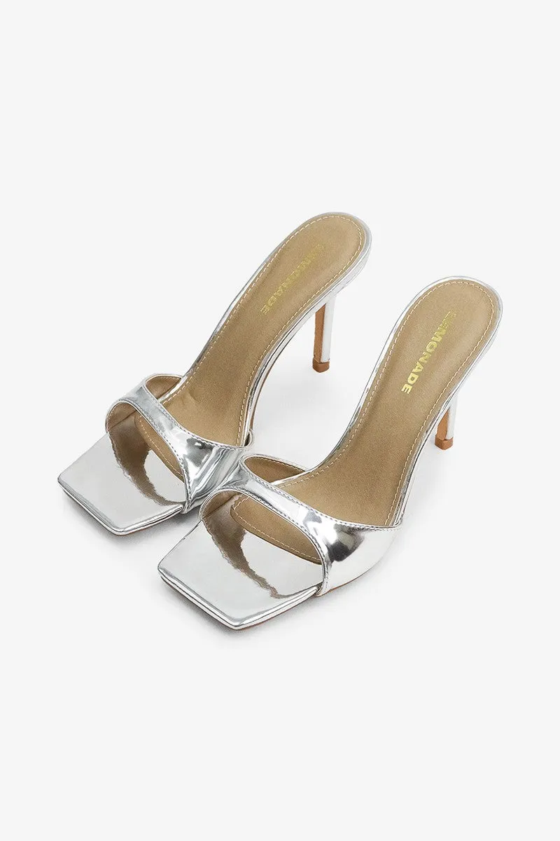 CAROLINE Silver Faux Leather Slip On Mule - Open Toe - Square Toe