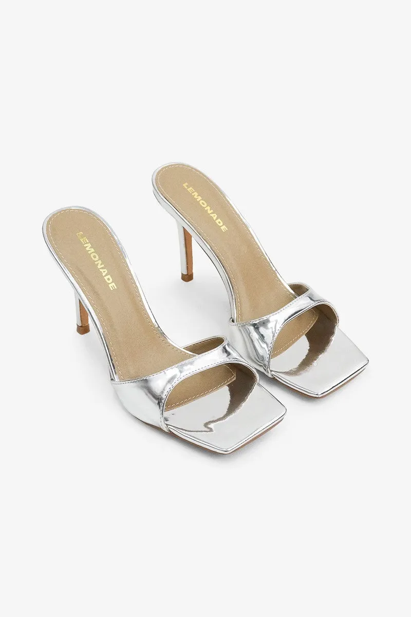 CAROLINE Silver Faux Leather Slip On Mule - Open Toe - Square Toe