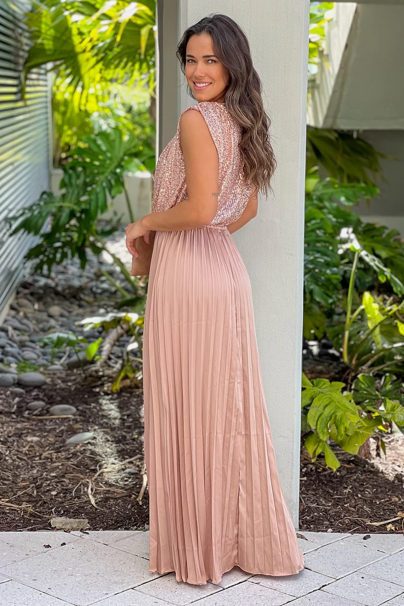 Champagne Maxi Dress With Sequined Top