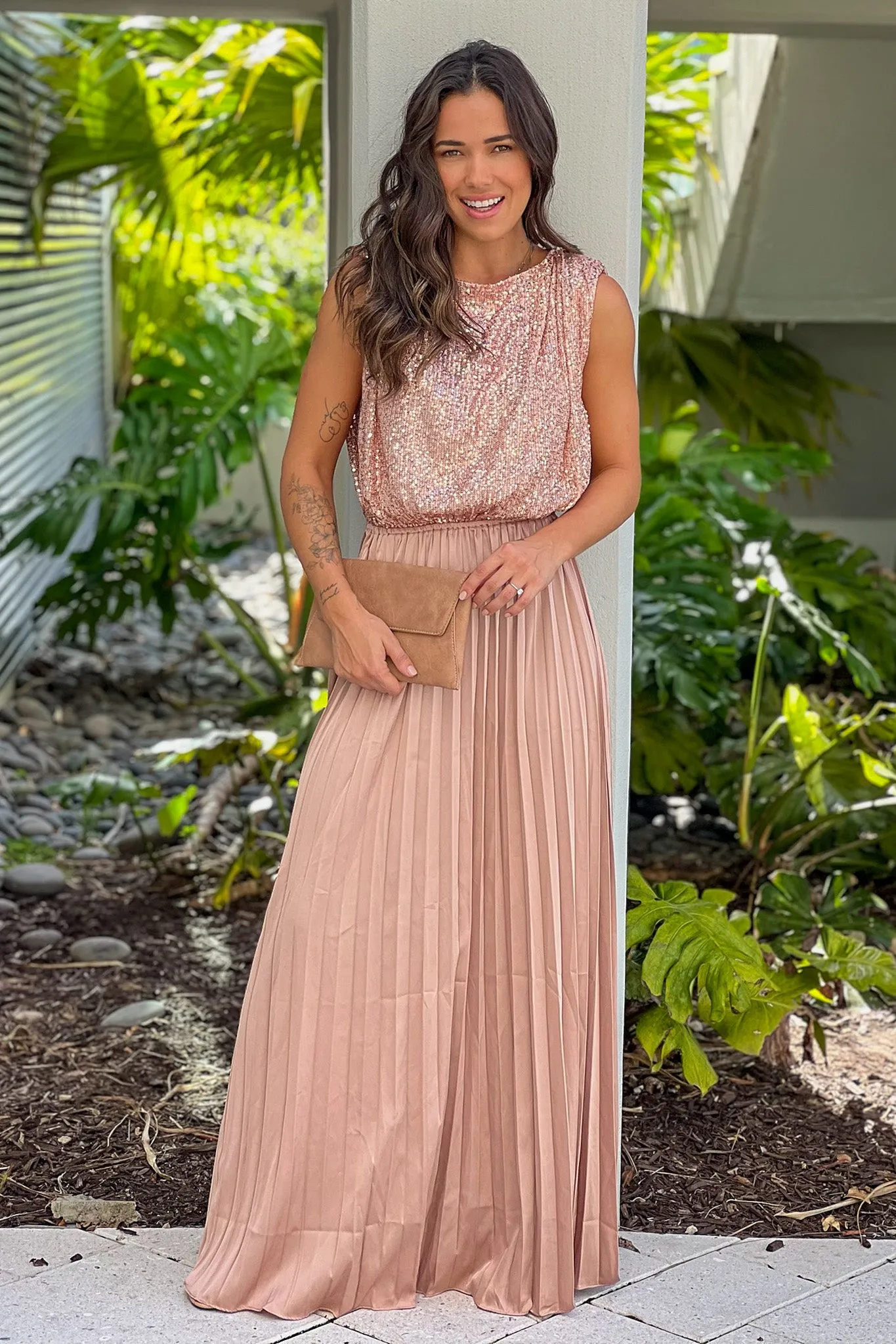 Champagne Maxi Dress With Sequined Top