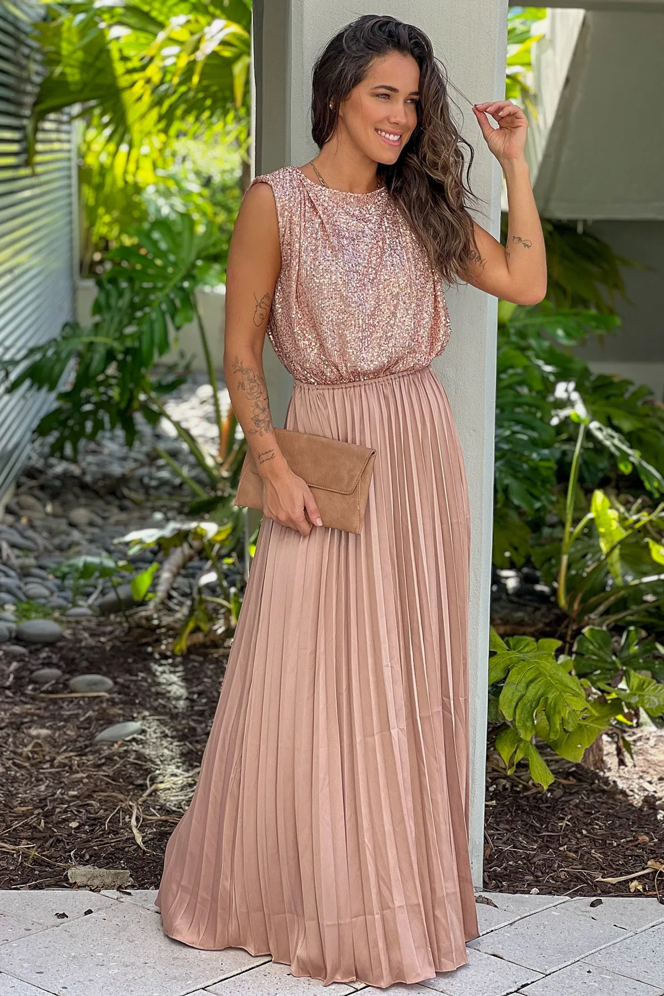 Champagne Maxi Dress With Sequined Top