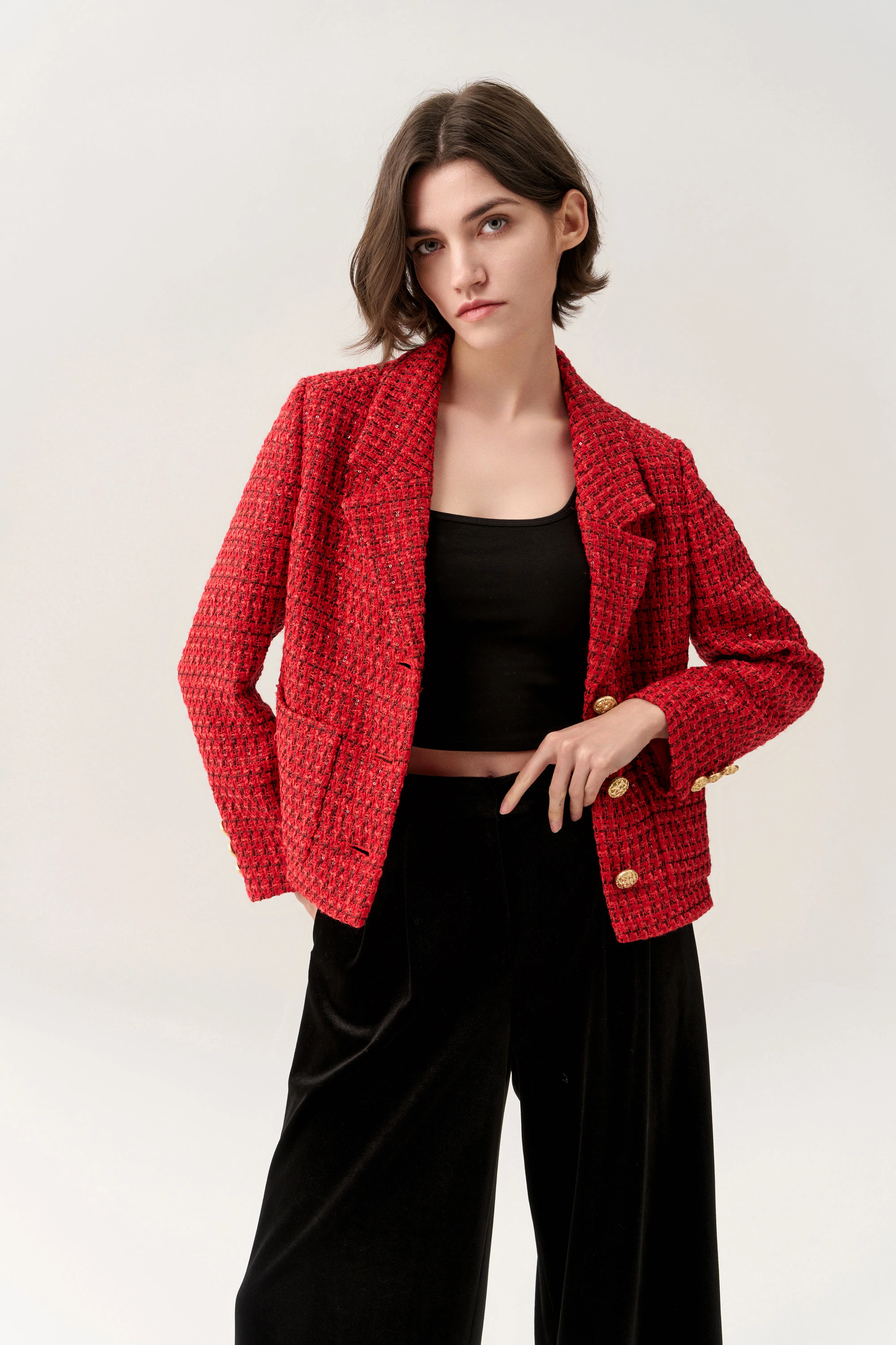 Checked Golden Button Notch Lapel Jacket