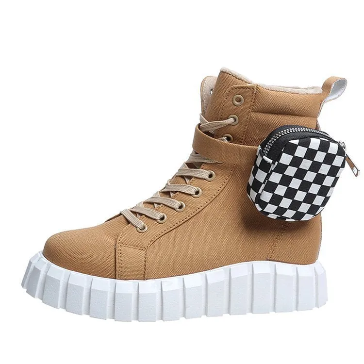 Chunky Heel Buckle Checkerboard  Lace Up Boots with Purse