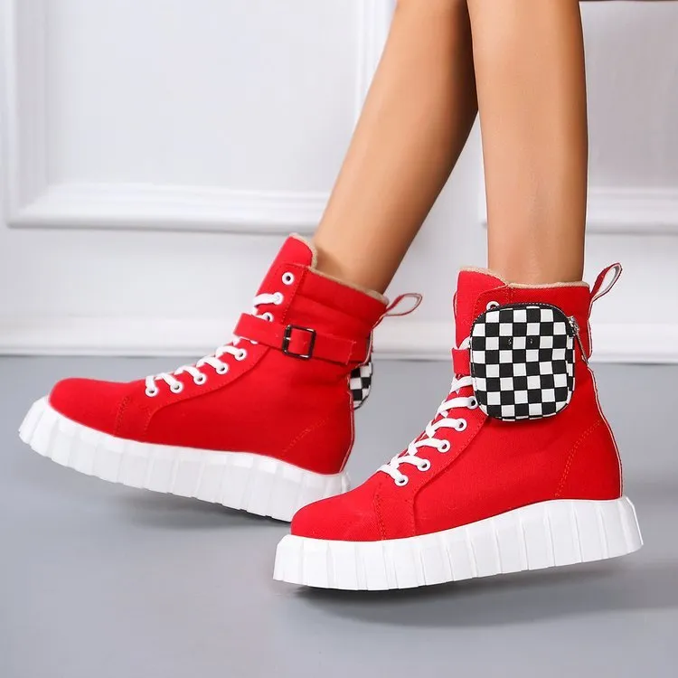 Chunky Heel Buckle Checkerboard  Lace Up Boots with Purse