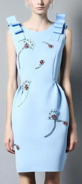 Embellished Ribbon-Shoulder Dress in Light Blue or Black