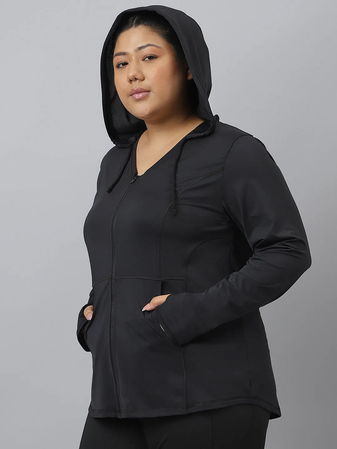 Fitkin Plus Size Black All Weather Hoodie Jacket