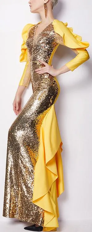 Gold Sequined Ruffled Gown