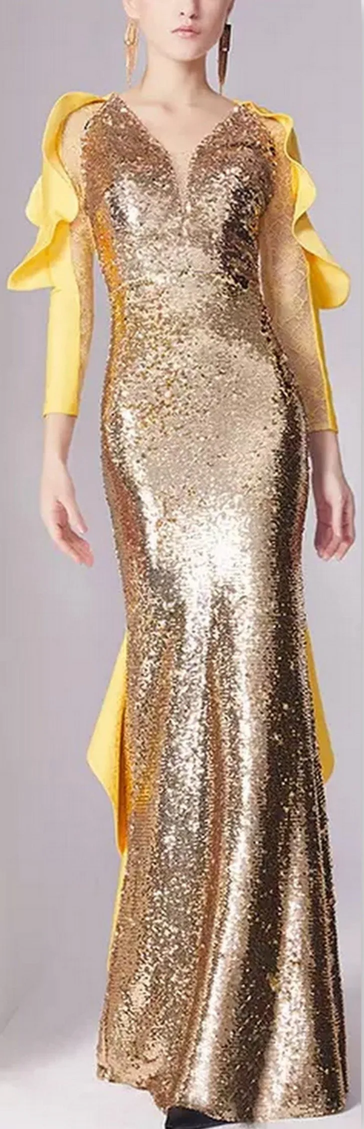 Gold Sequined Ruffled Gown