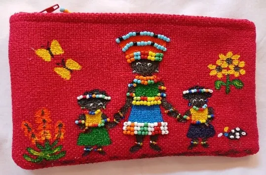 Handpainted/beaded make up bags - lined with shweshwe