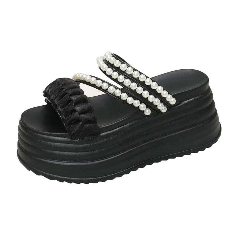 High Platform Summer Pearls Sandals with Buckle Straps