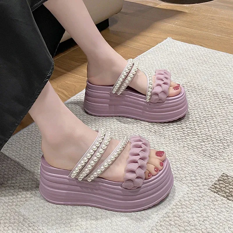 High Platform Summer Pearls Sandals with Buckle Straps