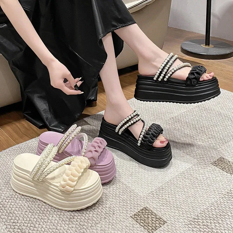 High Platform Summer Pearls Sandals with Buckle Straps