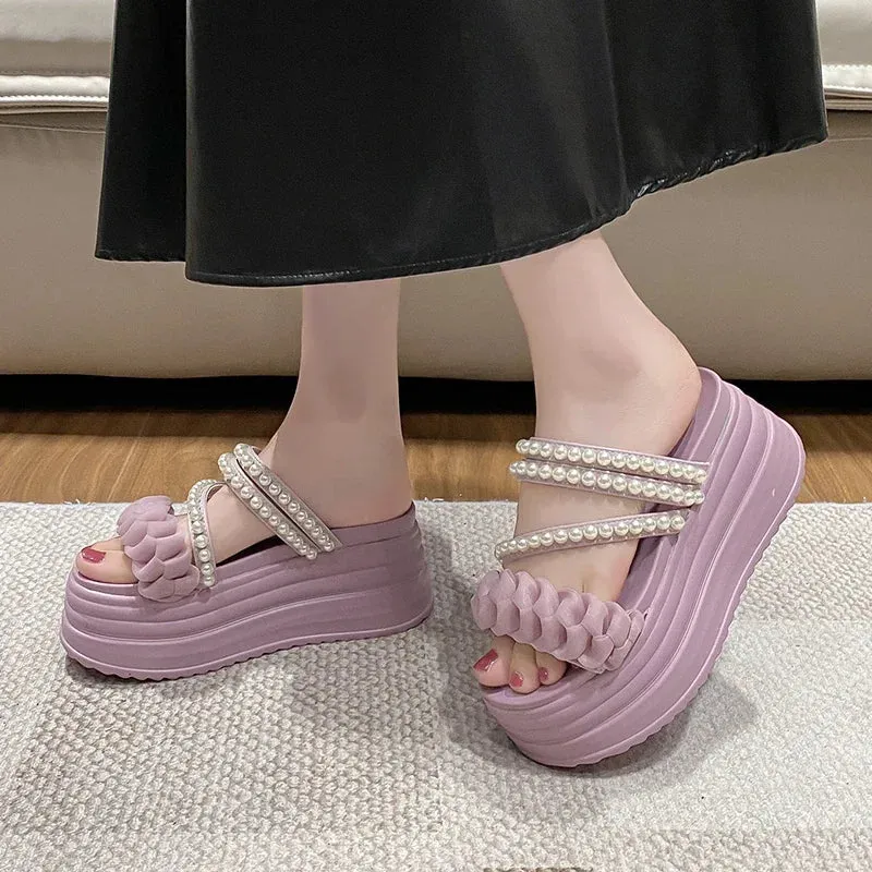 High Platform Summer Pearls Sandals with Buckle Straps