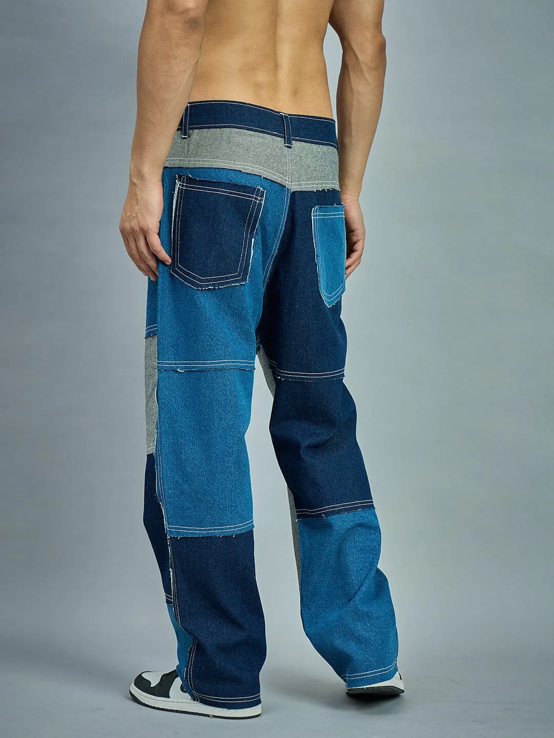 Indigo Colour Blocked Straight Fit Denim