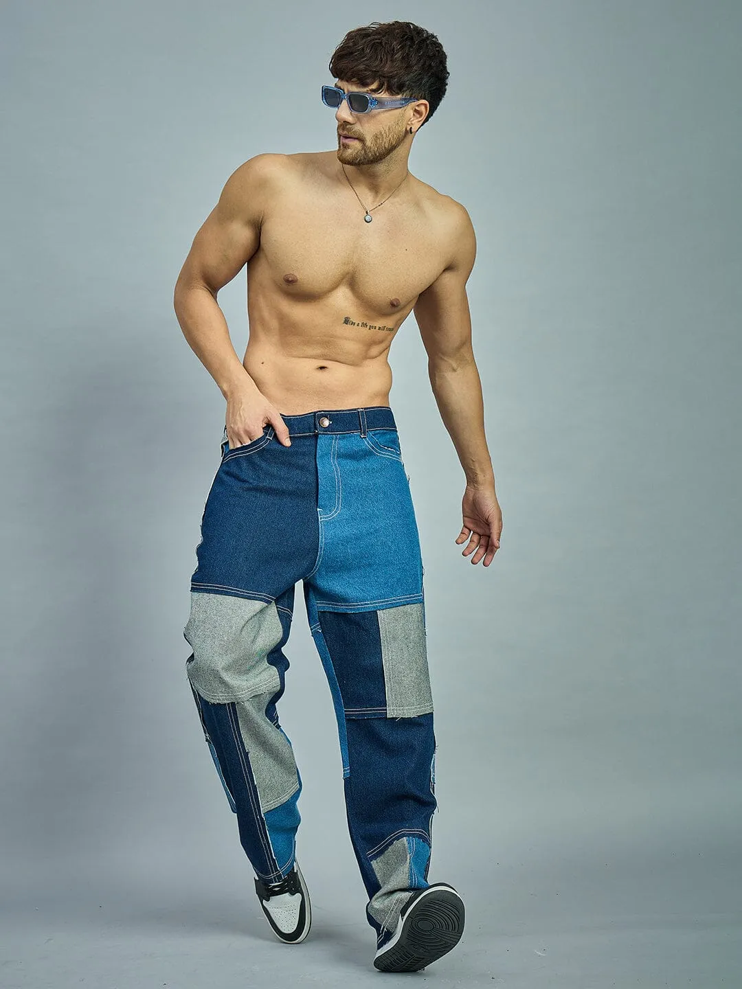 Indigo Colour Blocked Straight Fit Denim