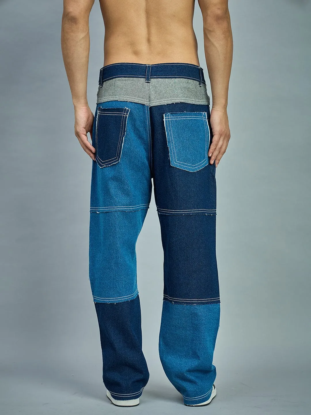 Indigo Colour Blocked Straight Fit Denim