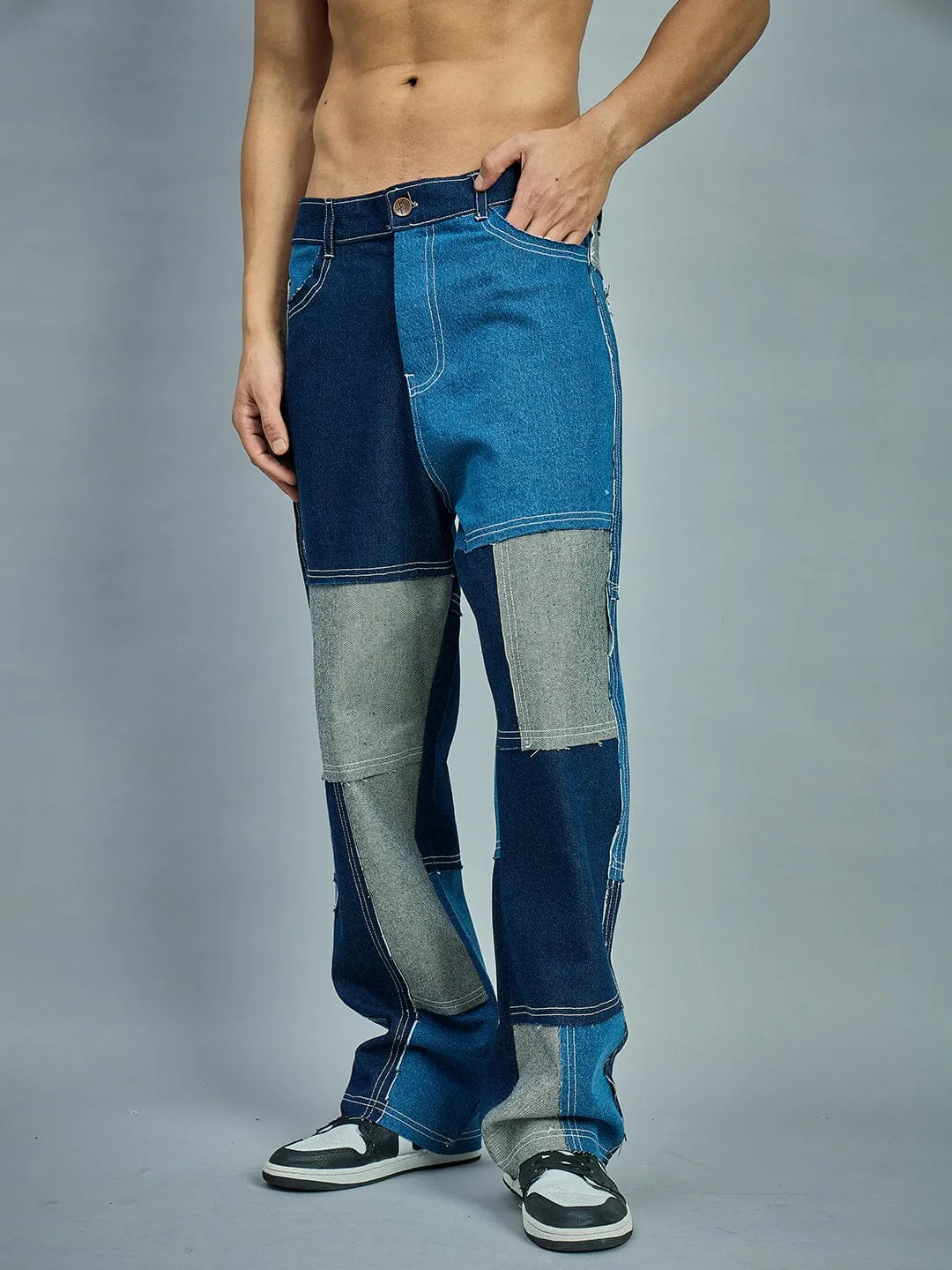 Indigo Colour Blocked Straight Fit Denim