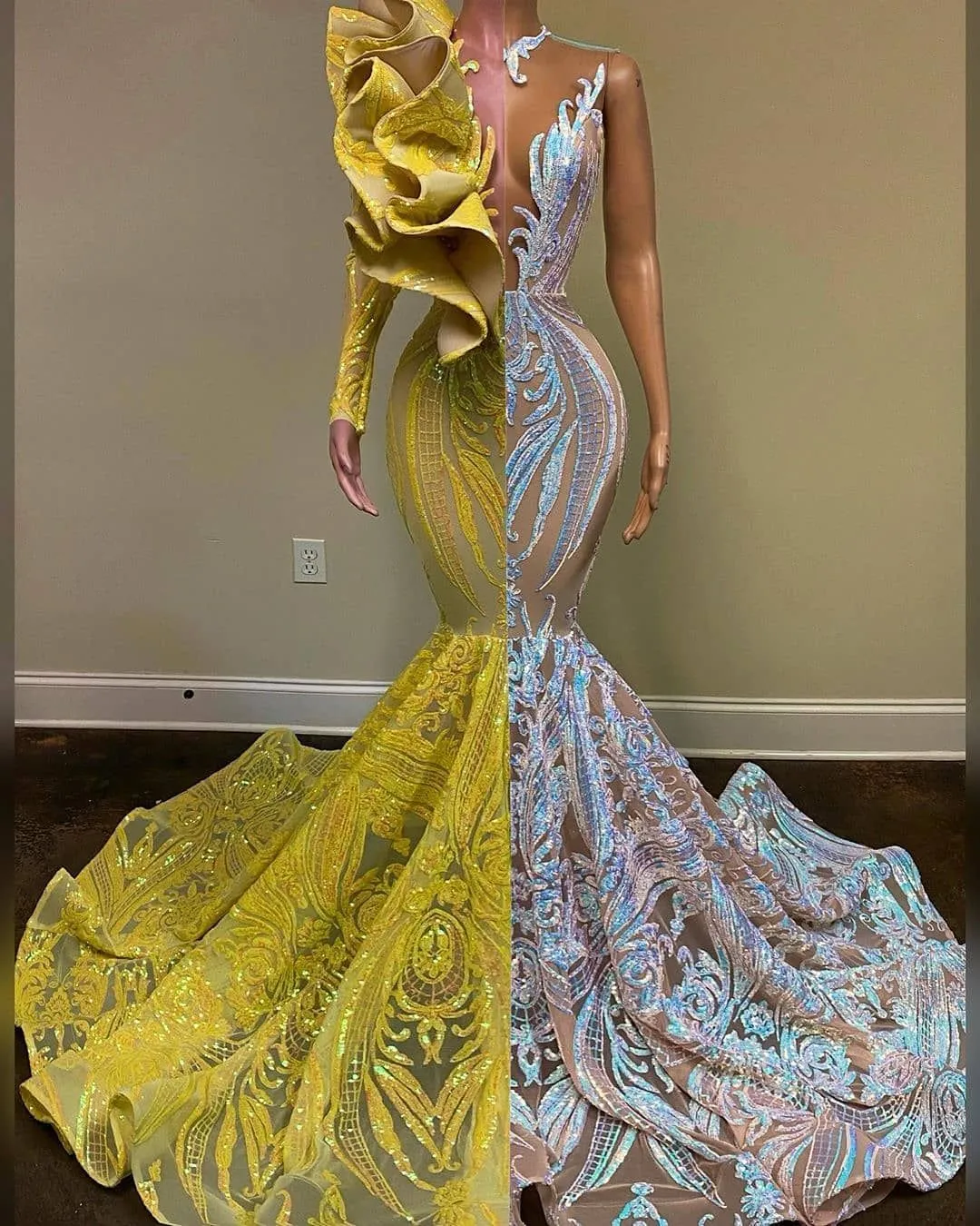 kamahe Amazing V-Neck One Shoulder Long Sleeve Long Mermaid Prom Dress