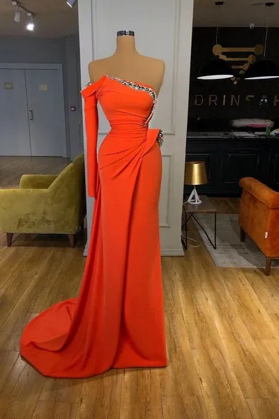 Long sleeve strapless orange sequined long prom dresses