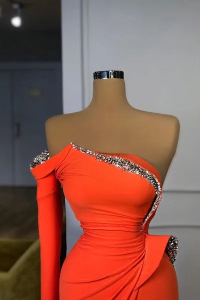 Long sleeve strapless orange sequined long prom dresses