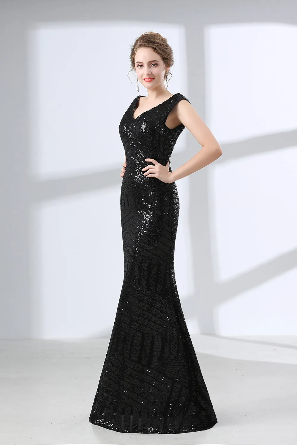 Mermaid Long V Neck Black Sequined Sheer Back Prom Dresses