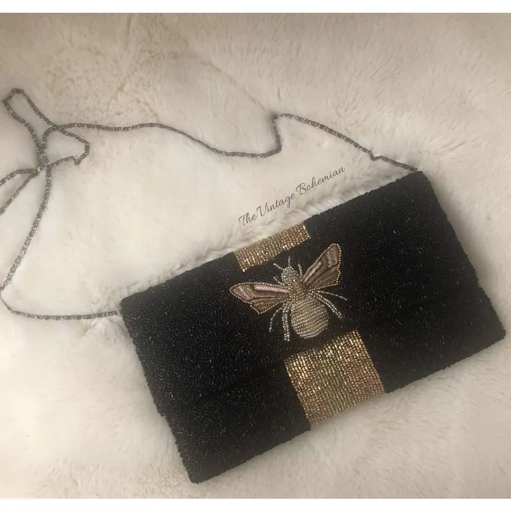 Moyna Beaded 3d Bee Clutch | Black with Bronze/ Gold