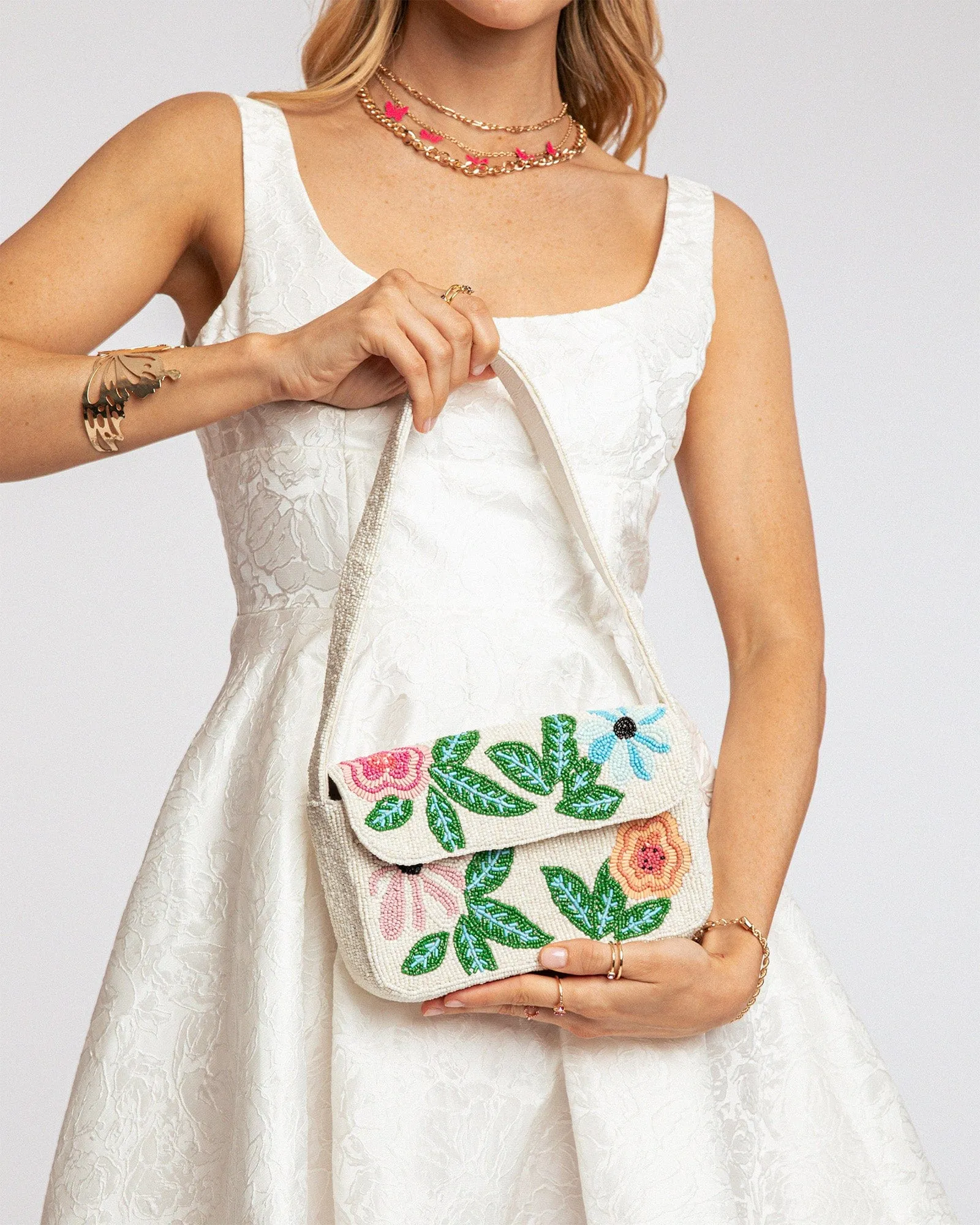 Multi Colour Floral Beaded Baguette Bag