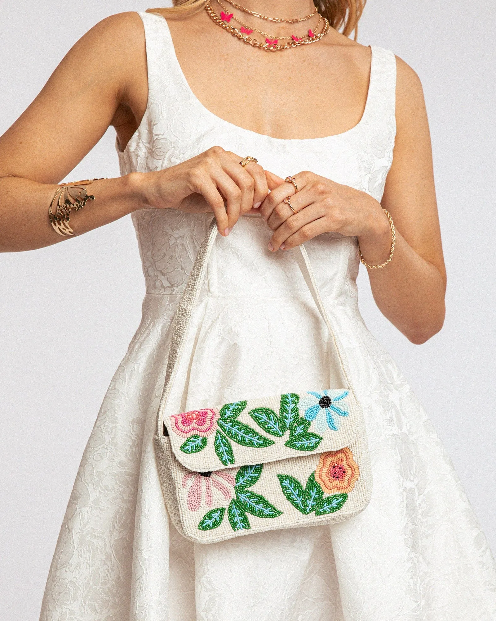 Multi Colour Floral Beaded Baguette Bag