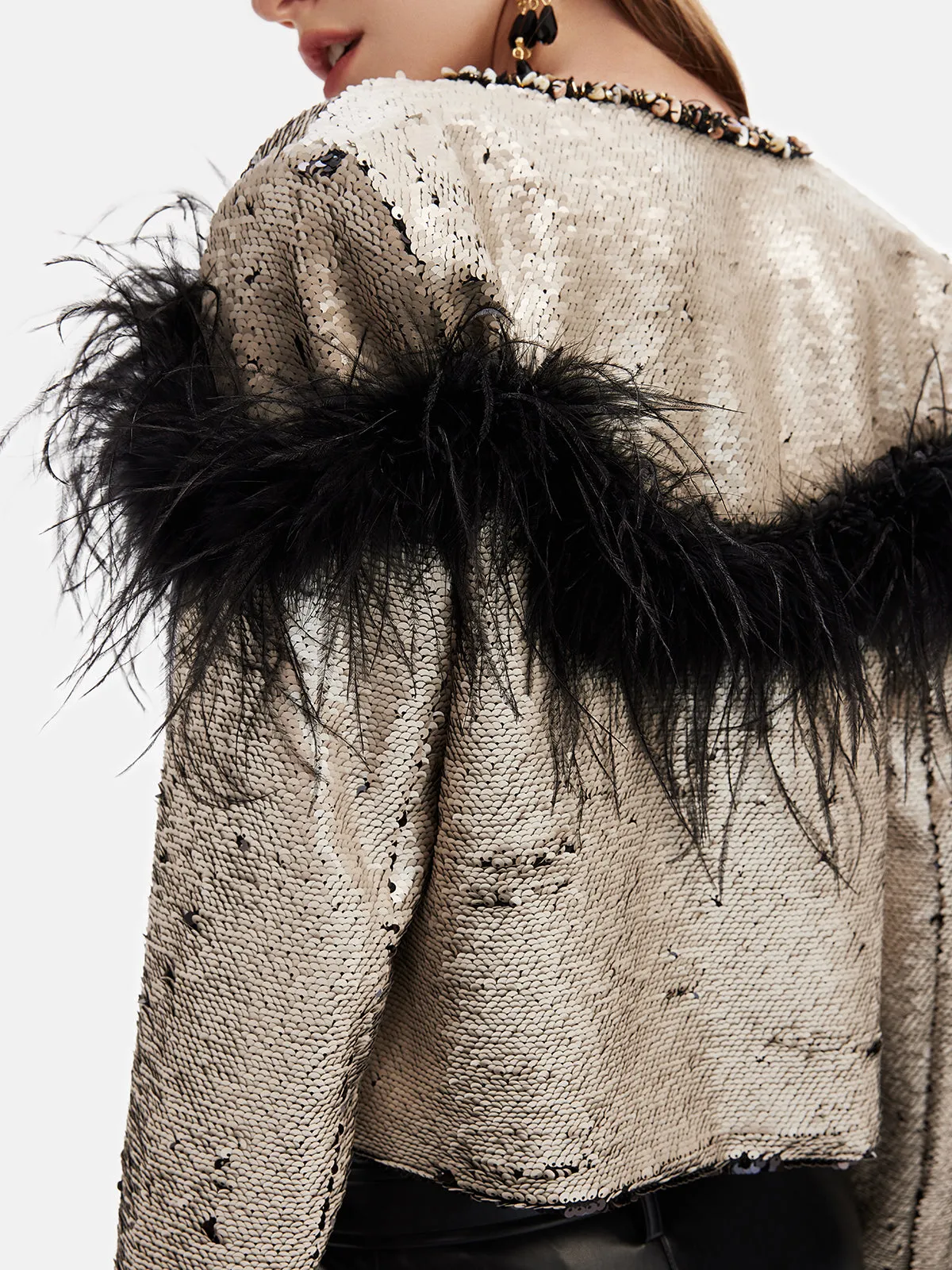 Ostrich Feather Embroidered Beaded Sequined Jacket