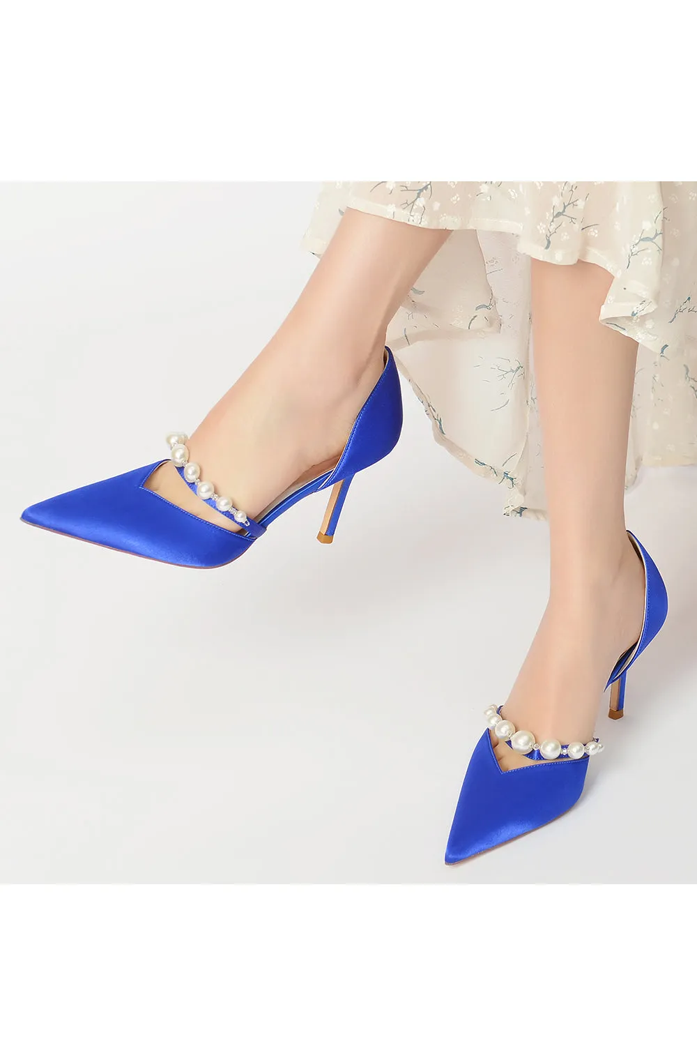 Party Pearl Strap Pointed Toe Satin High Heels