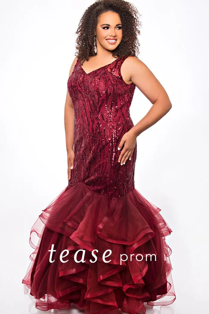 Tease Prom TE 2048 size 14 Burgundy embellished mermaid plus size prom dress