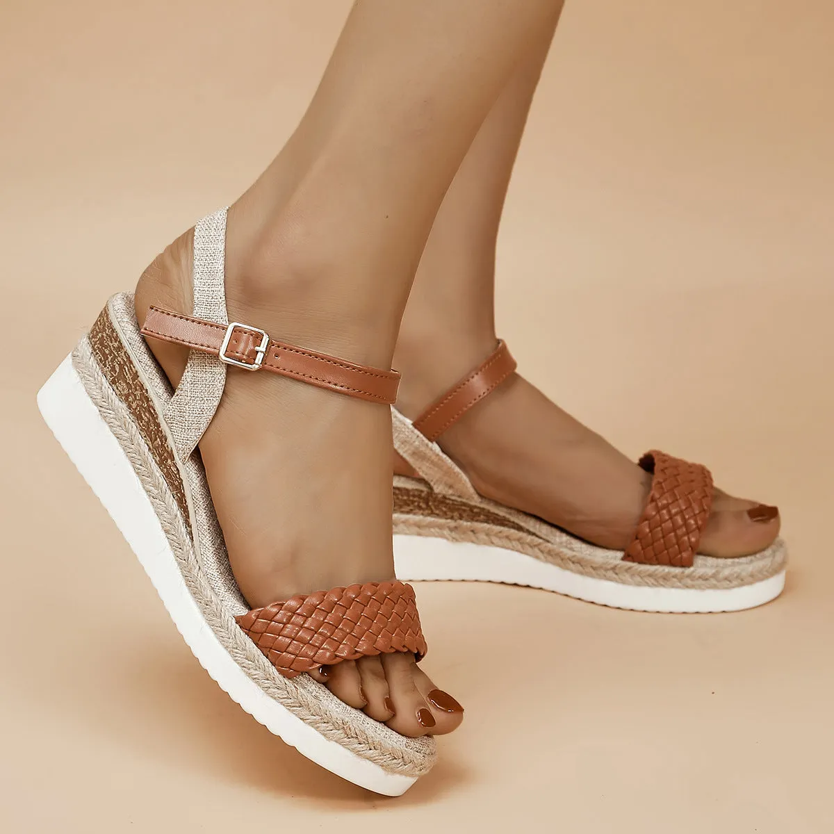 Thick Soled Braided Linen Buckle Wedges Sandals