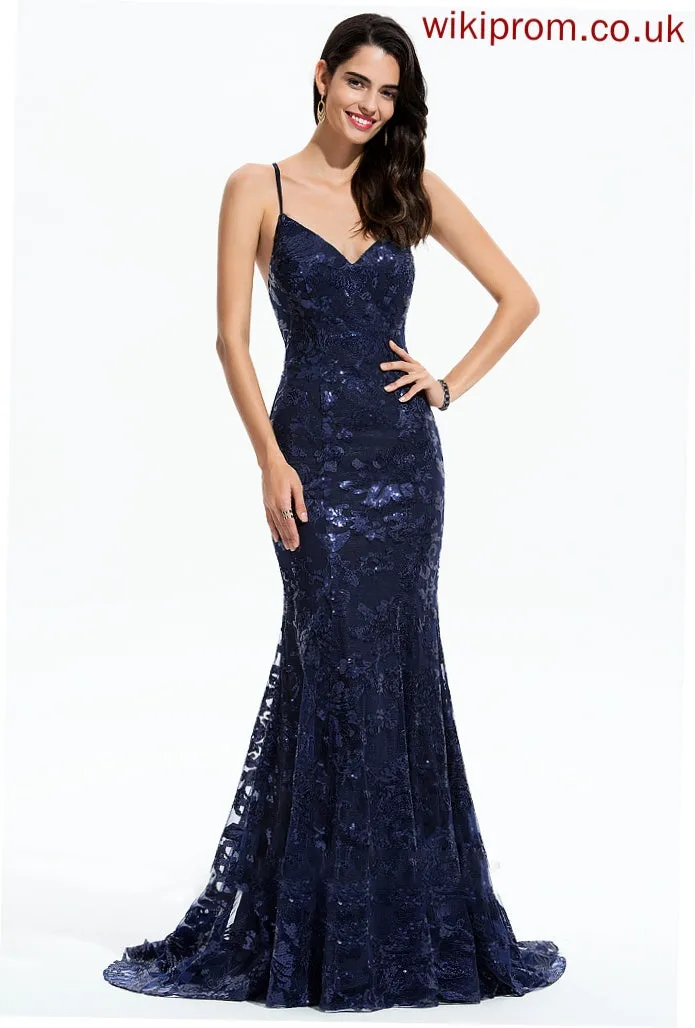 Train Sequined Sequins Sweep Trumpet/Mermaid V-neck Prom Dresses With Destiney