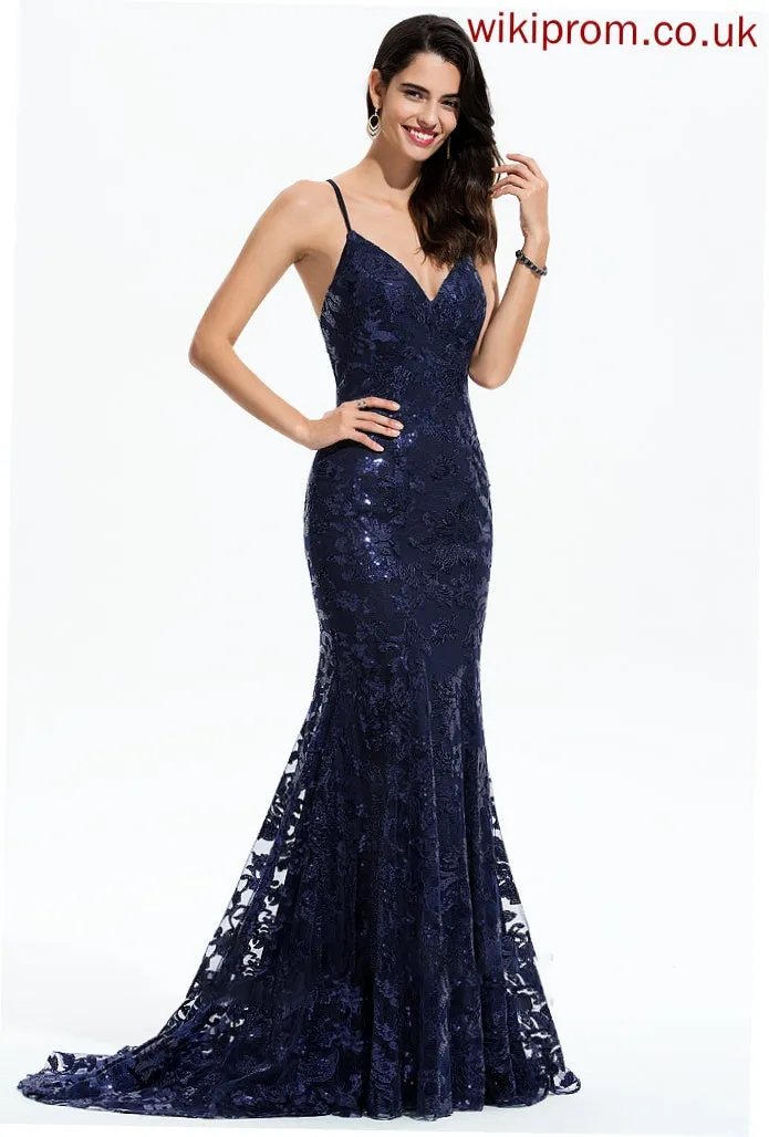 Train Sequined Sequins Sweep Trumpet/Mermaid V-neck Prom Dresses With Destiney