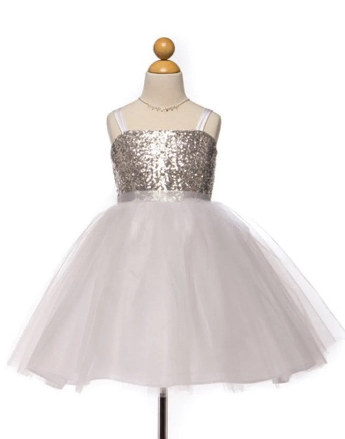 Twinkling Sequined Bodice and Tulle Overlay Skirt Dress - Silver