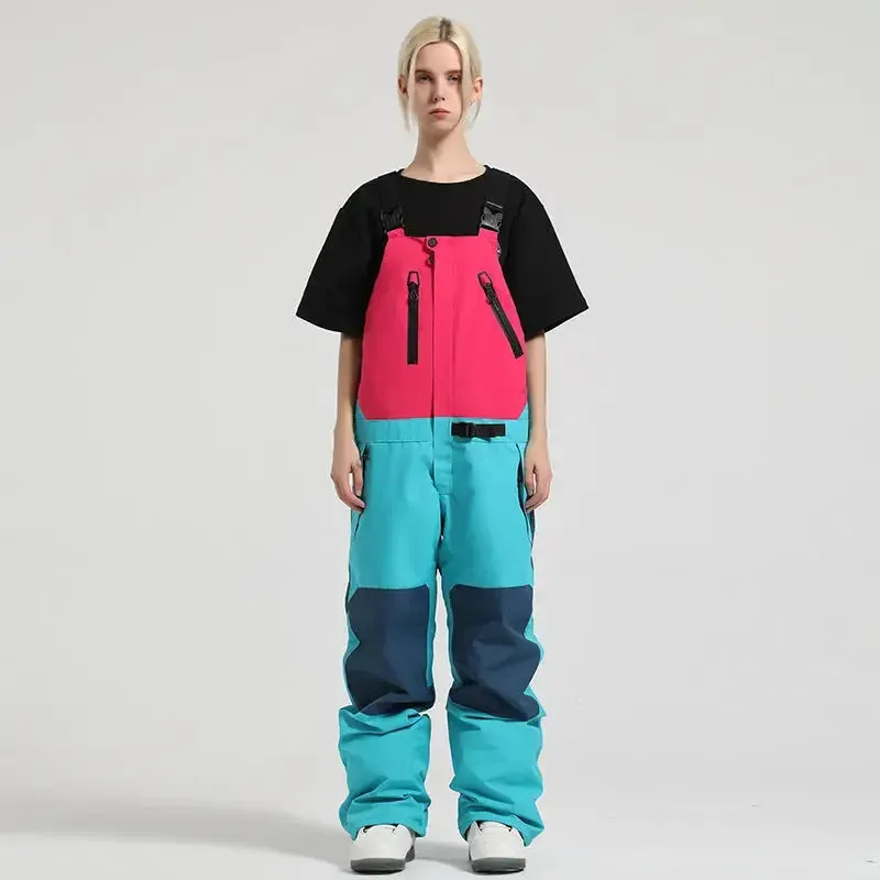 Unisex Colorblock Snowboard Bib Overalls Baggy Ski Pants