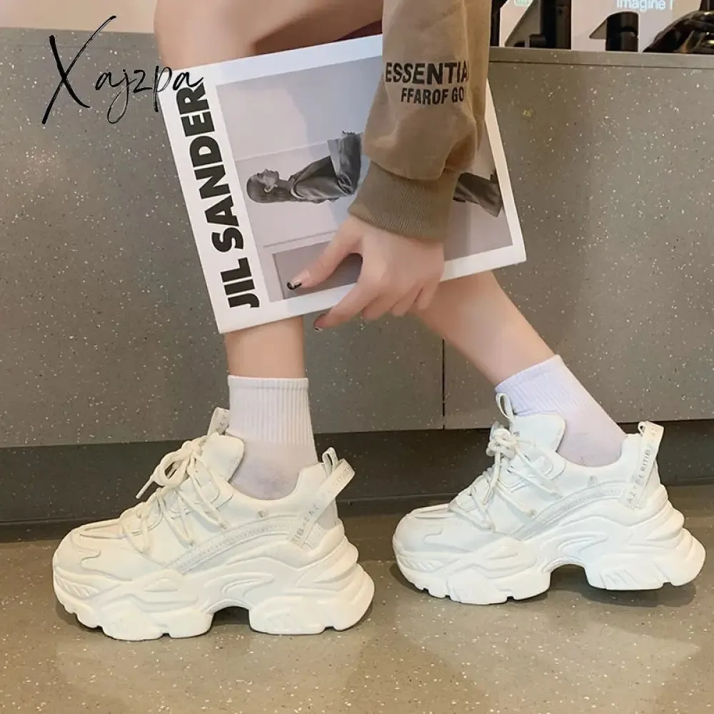 Xajzpa - New Chunky Women's Sneakers Internal Increase Leather Casual White Ladies Shoes Trainer Platform Sneaker Womens Zapatillas Mujer